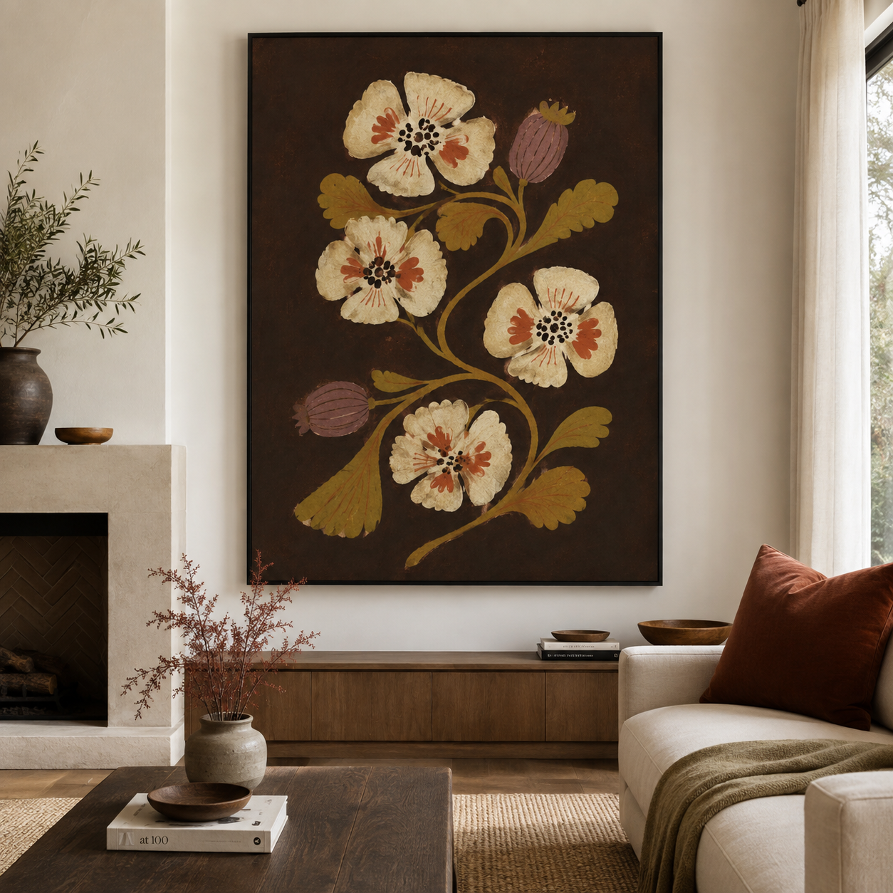 Earthy Blooms - Dark Vintage Folk Floral Textured Painting