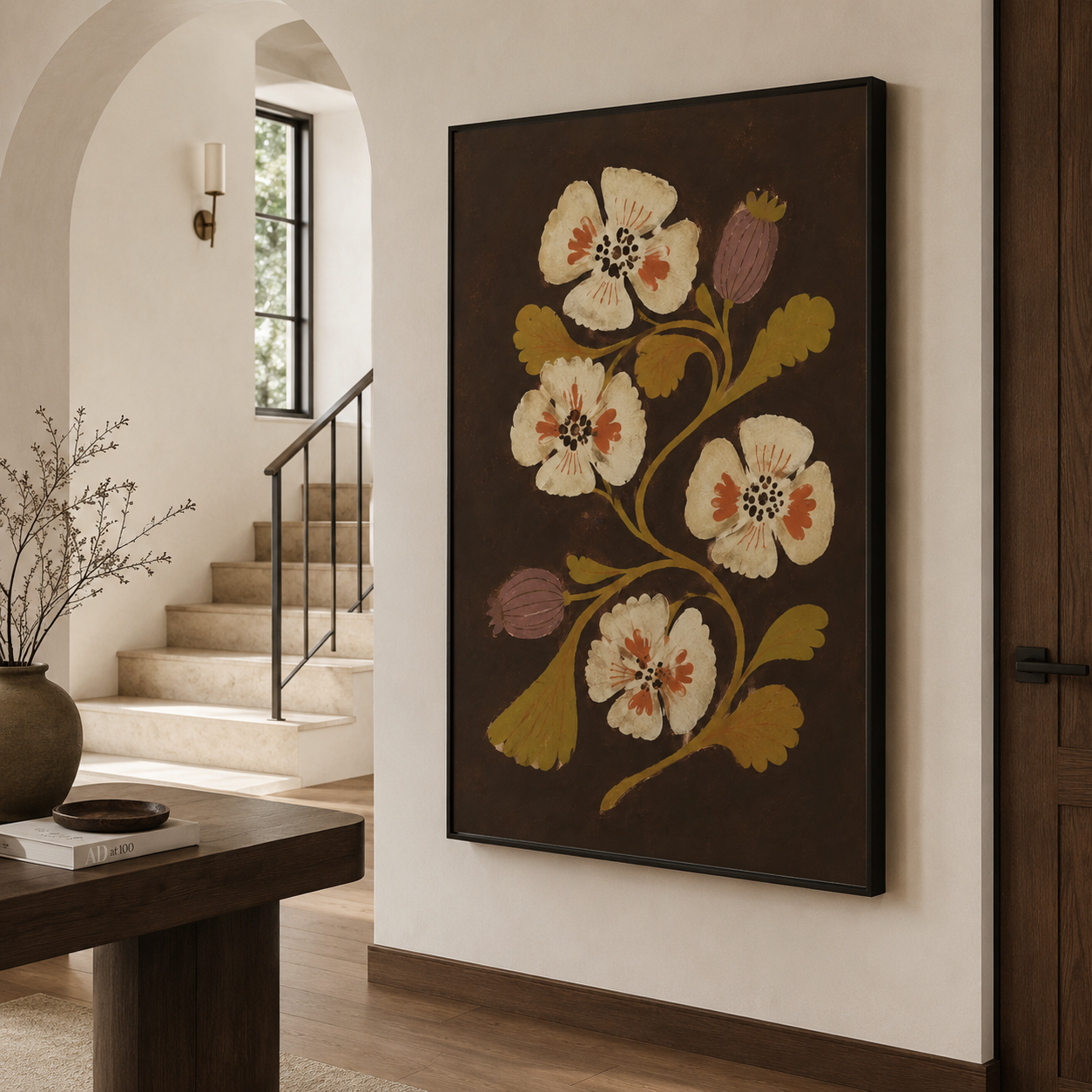 Earthy Blooms - Dark Vintage Folk Floral Textured Painting