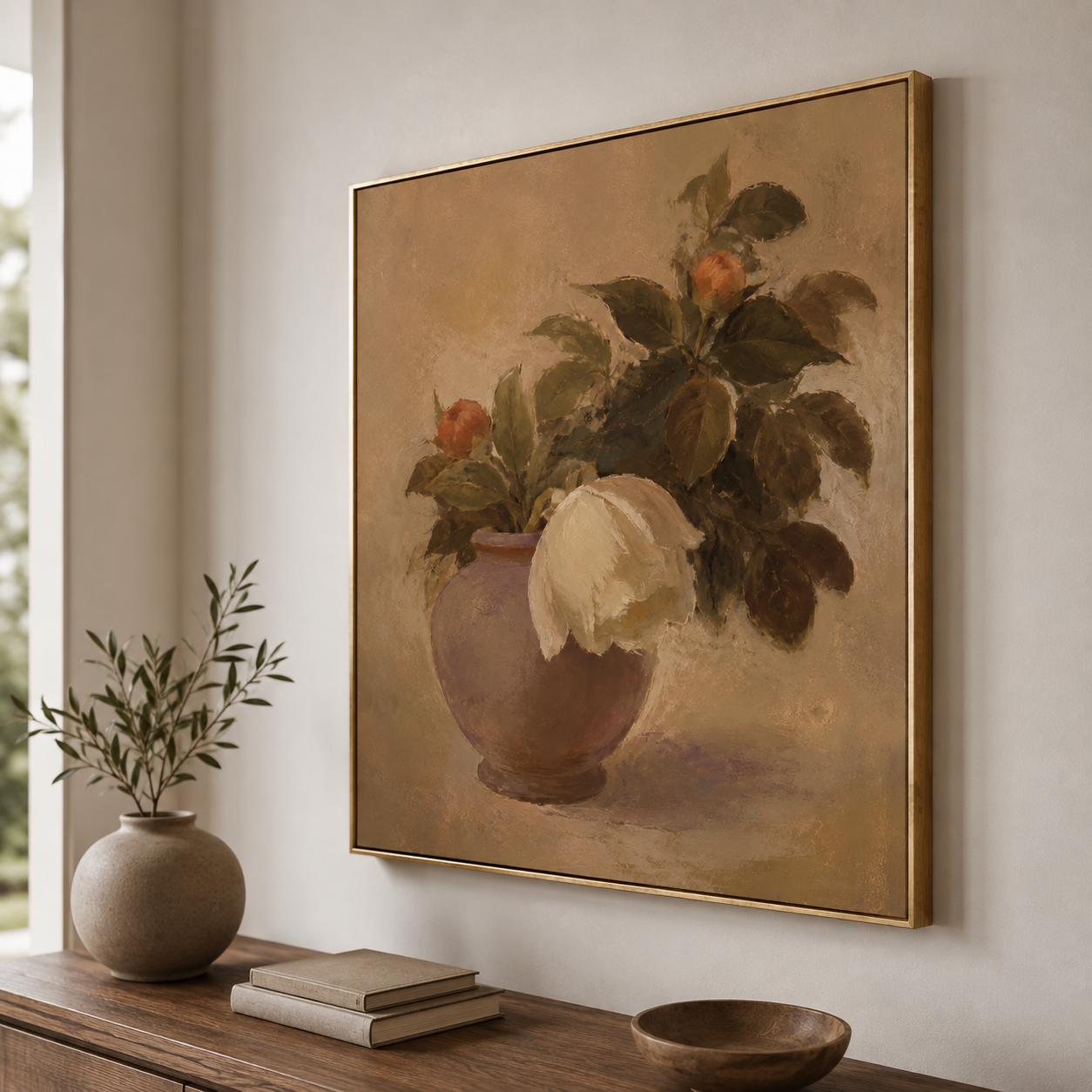 Classic Solitude - White Peony in Ceramic Vase Still Life Painting