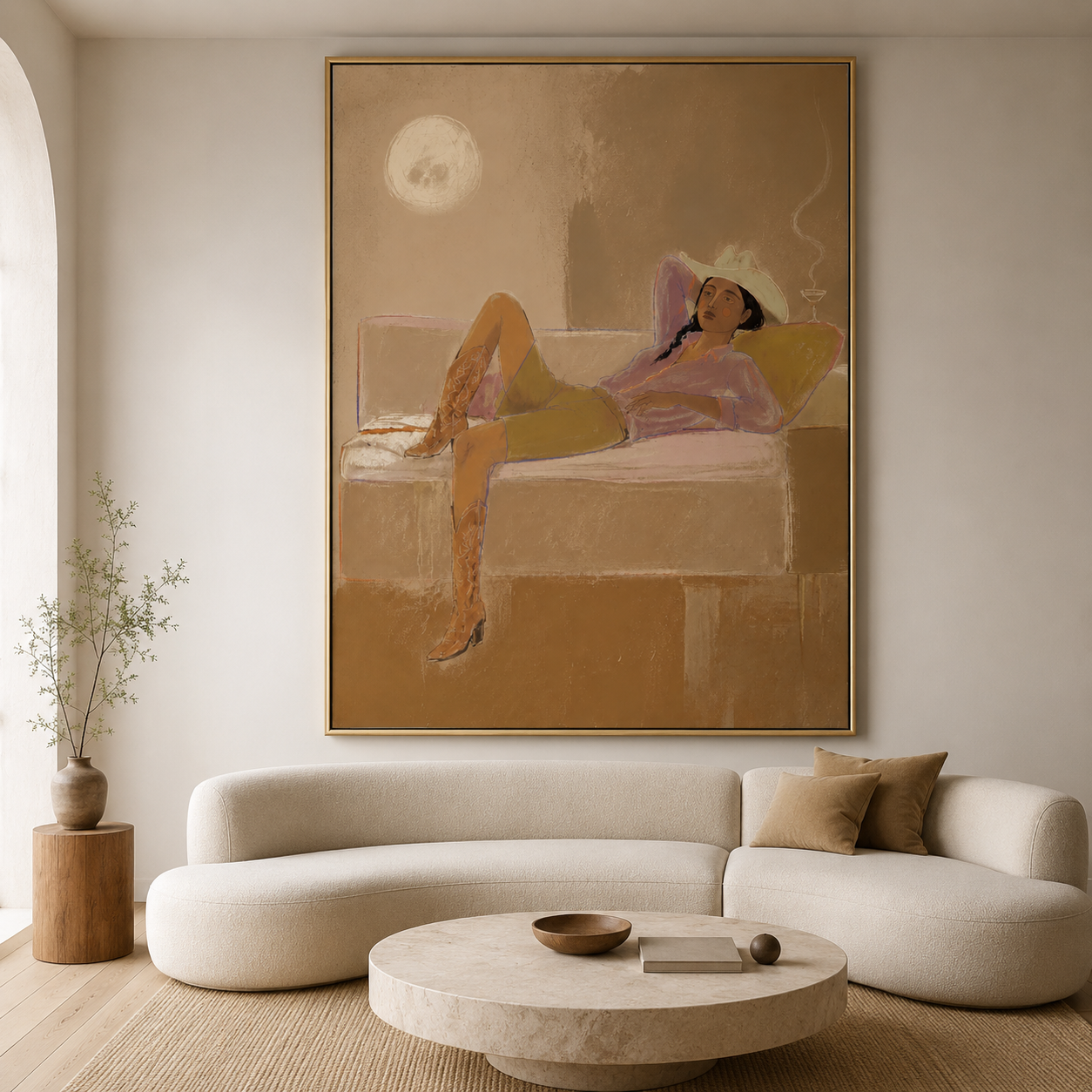 Desert Sunset Lounge - Cowgirl with Hat & Boots Oil Painting