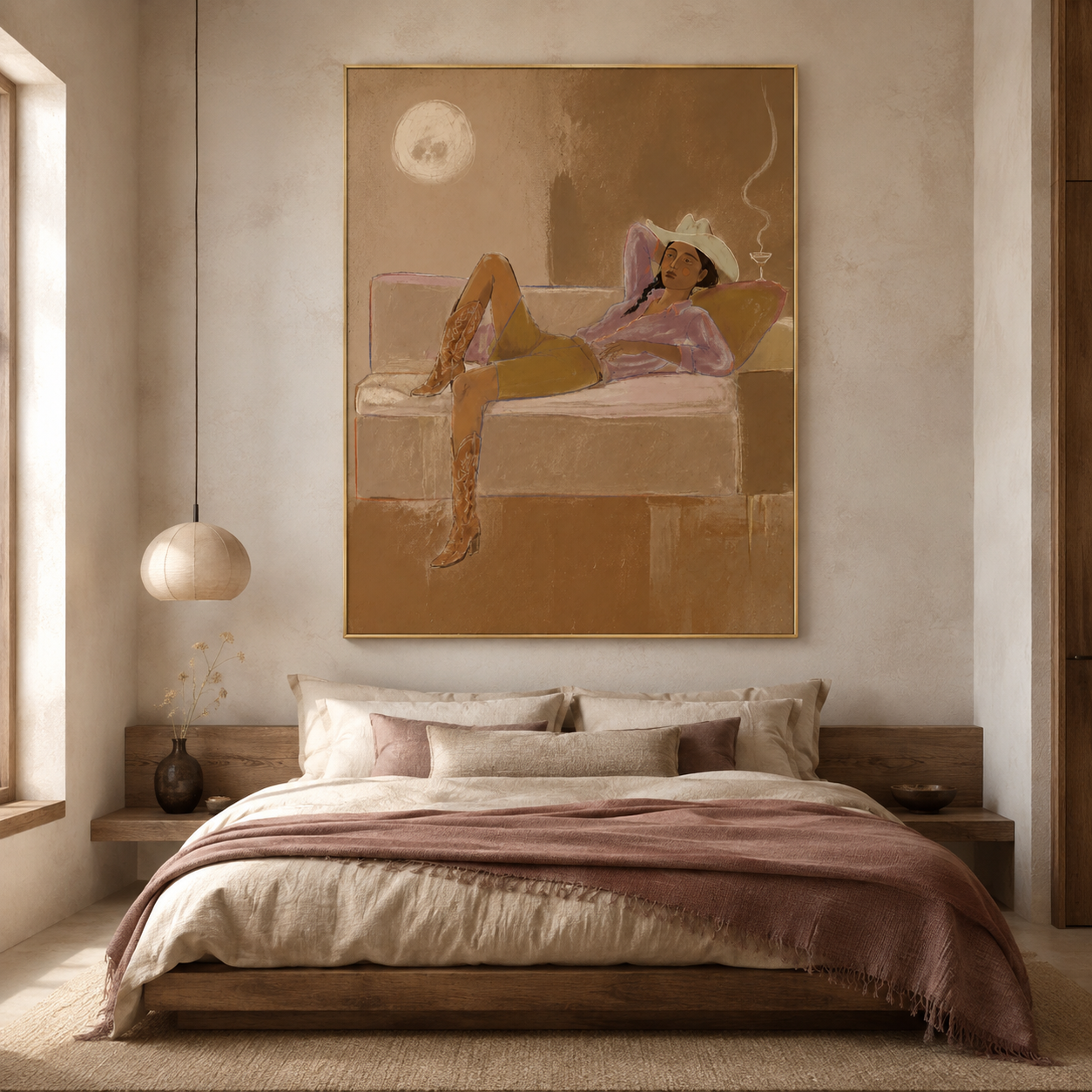 Desert Sunset Lounge - Cowgirl with Hat & Boots Oil Painting