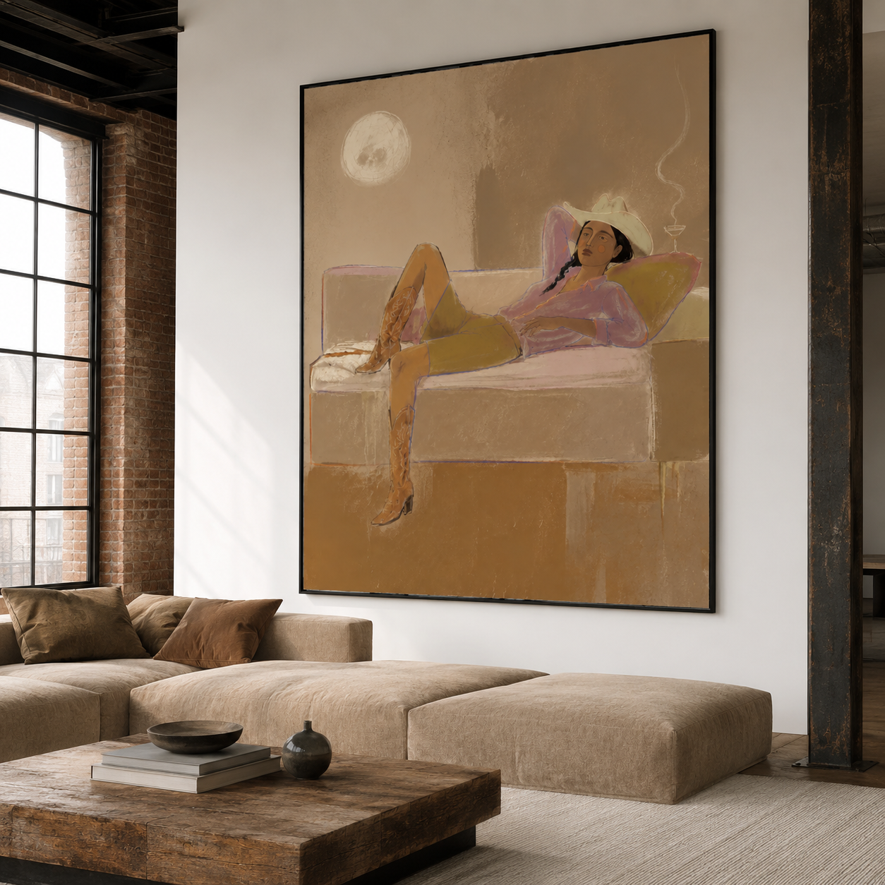 Desert Sunset Lounge - Cowgirl with Hat & Boots Oil Painting