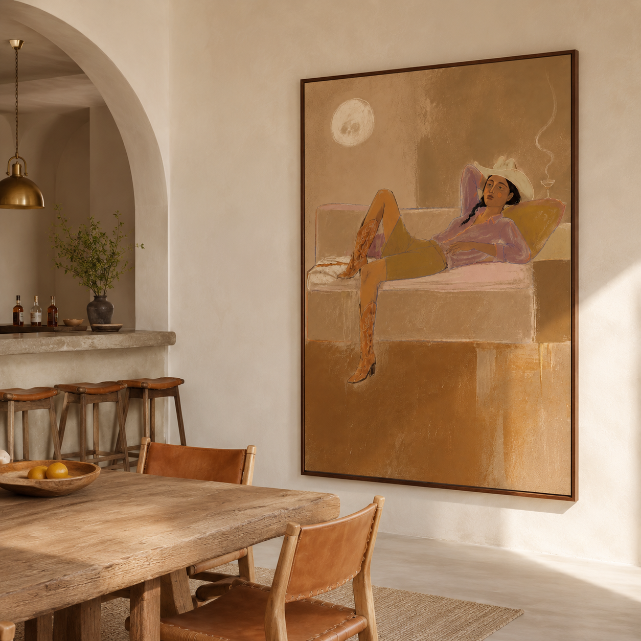 Desert Sunset Lounge - Cowgirl with Hat & Boots Oil Painting