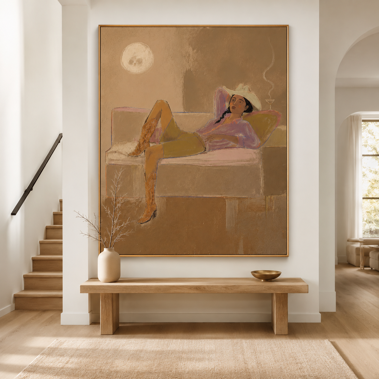 Desert Sunset Lounge - Cowgirl with Hat & Boots Oil Painting