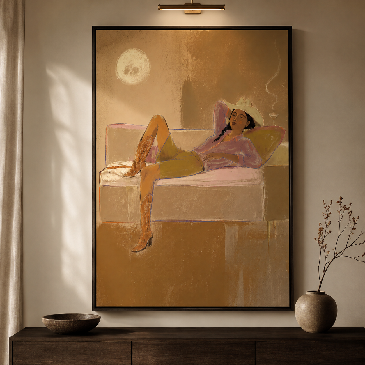 Desert Sunset Lounge - Cowgirl with Hat & Boots Oil Painting