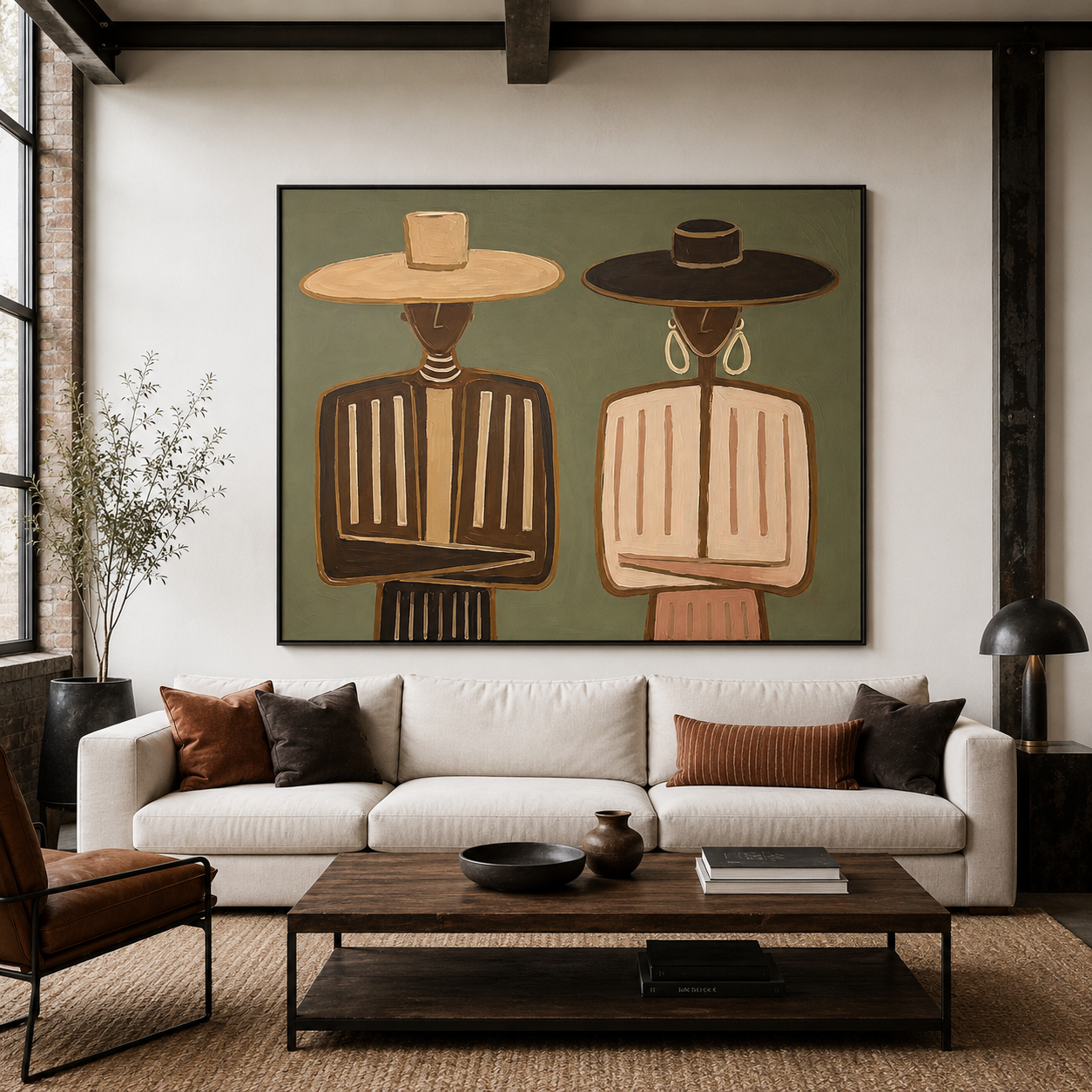 Earthy Duo - Olive Green & Clay Western Figural Painting