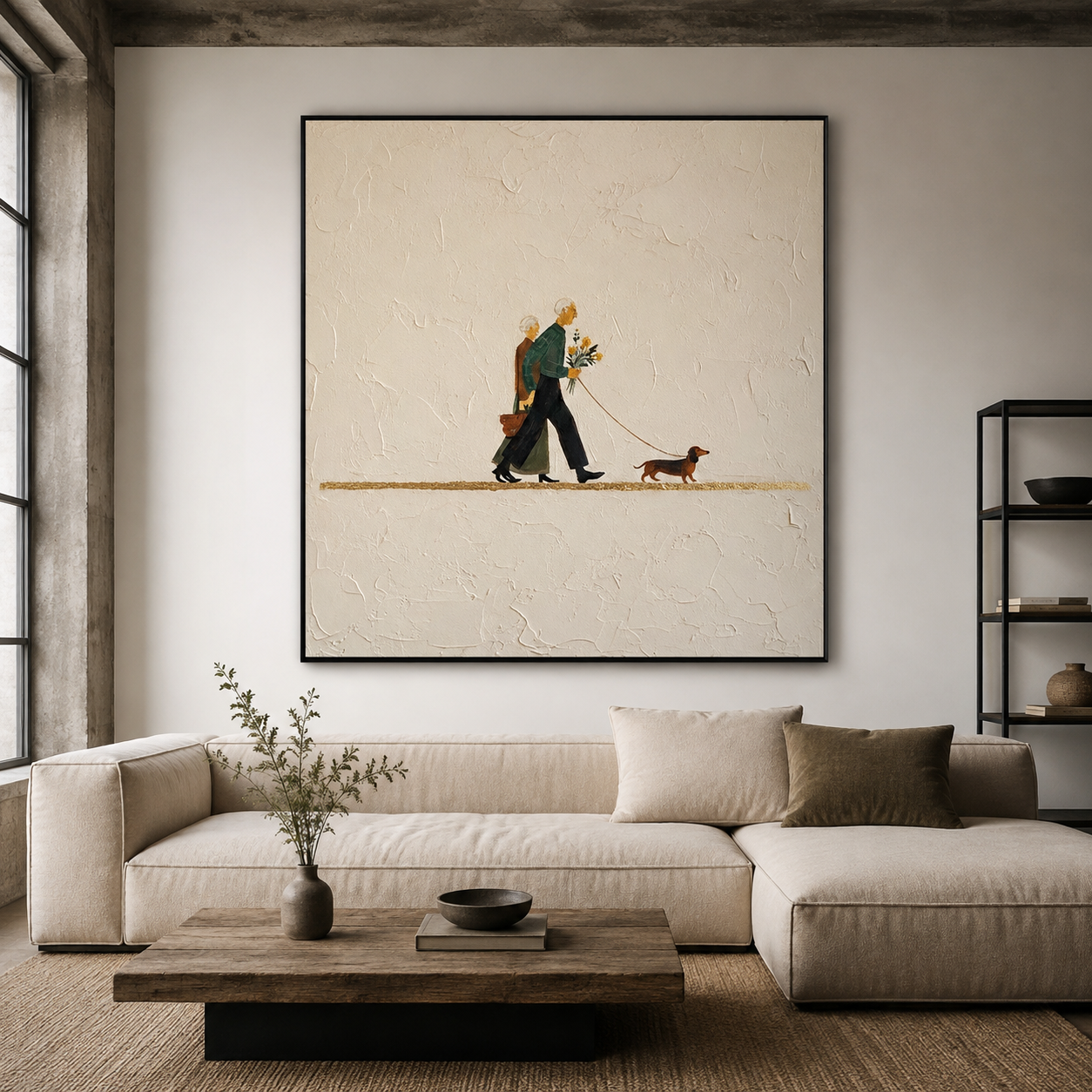 Eternal Companions - Cream Textured Elderly Couple with Dachshund Painting