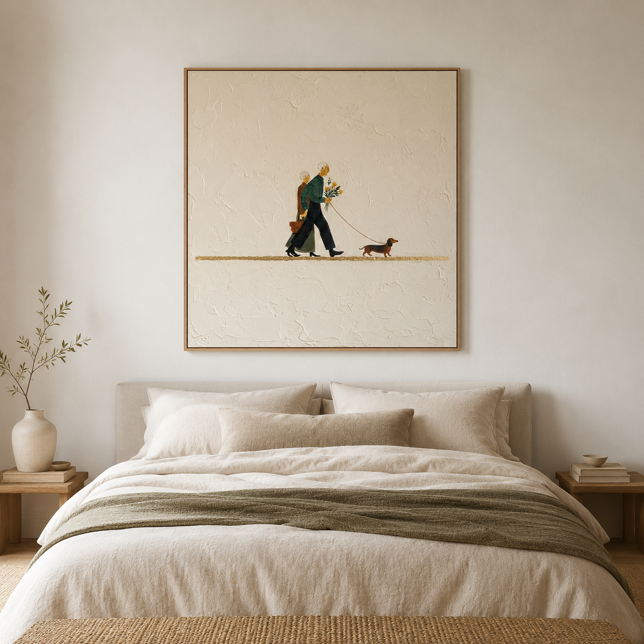 Eternal Companions - Cream Textured Elderly Couple with Dachshund Painting