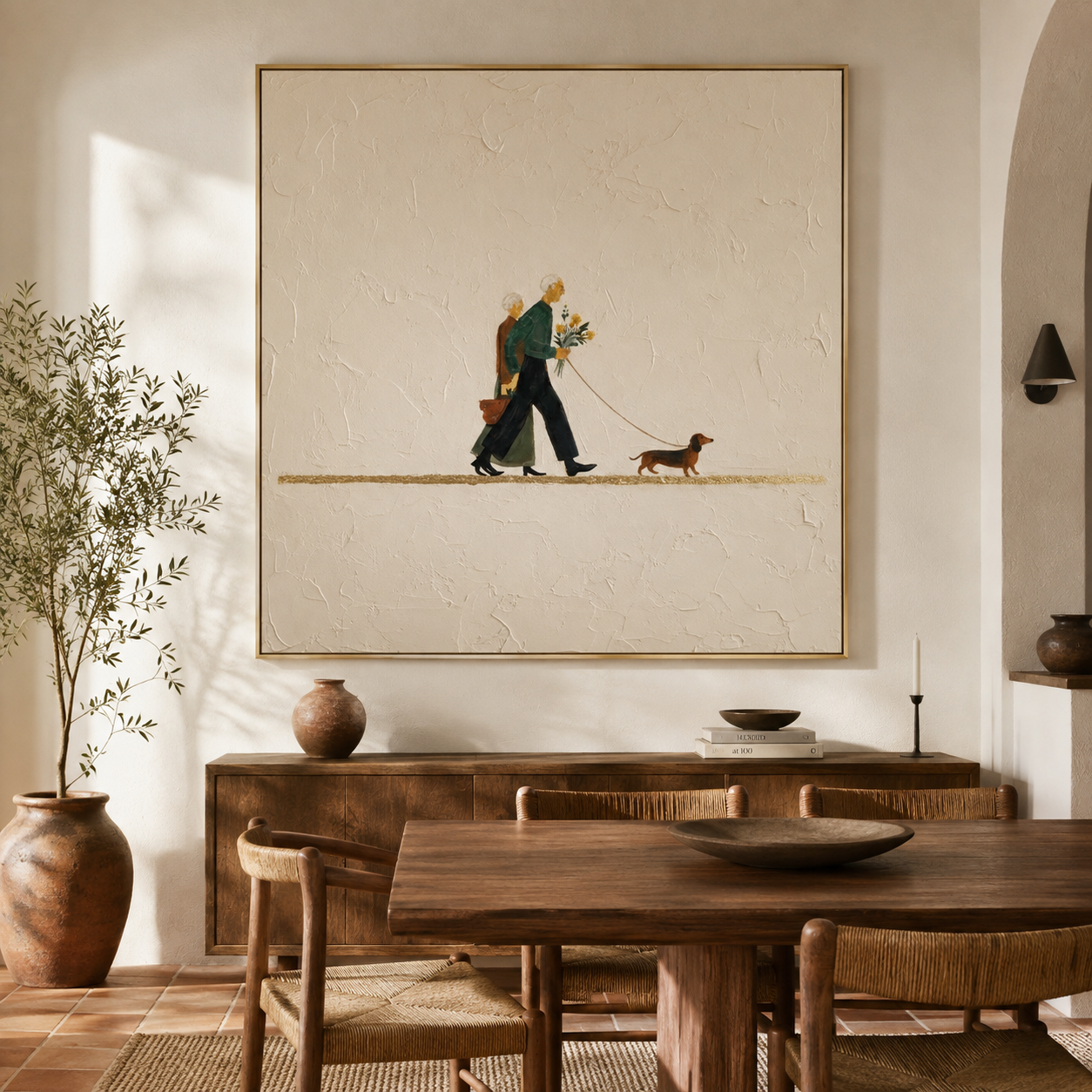 Eternal Companions - Cream Textured Elderly Couple with Dachshund Painting
