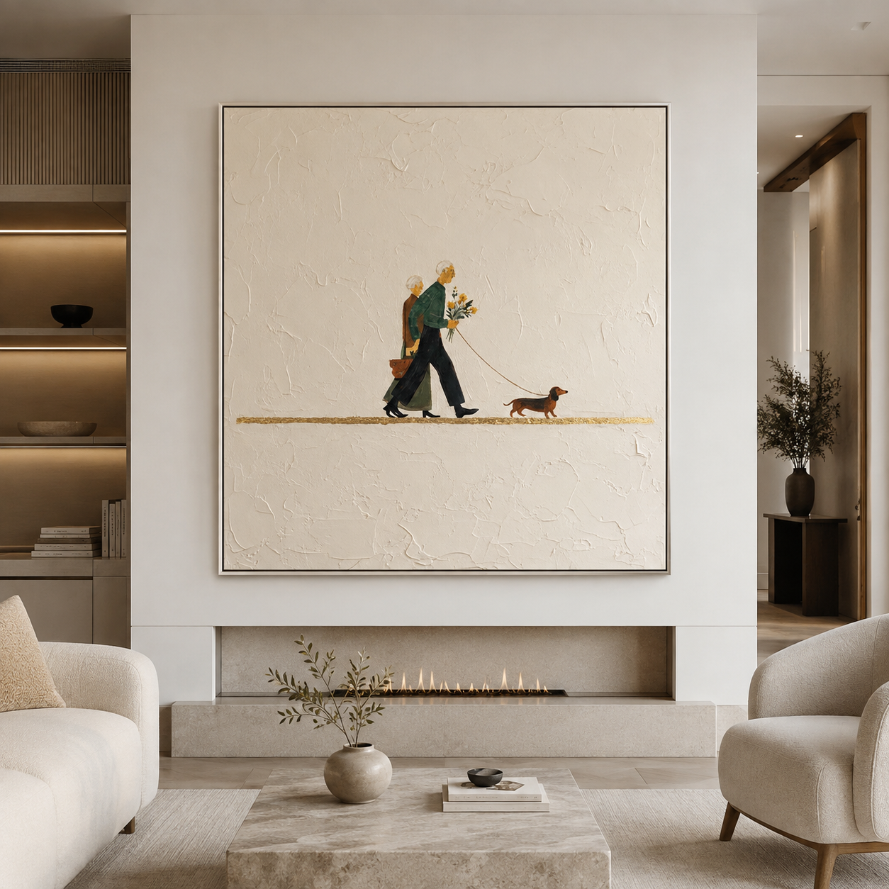 Eternal Companions - Cream Textured Elderly Couple with Dachshund Painting