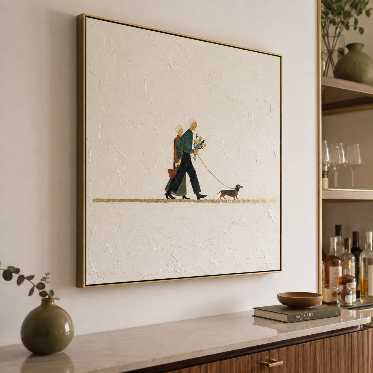Eternal Companions - Cream Textured Elderly Couple with Dachshund Painting