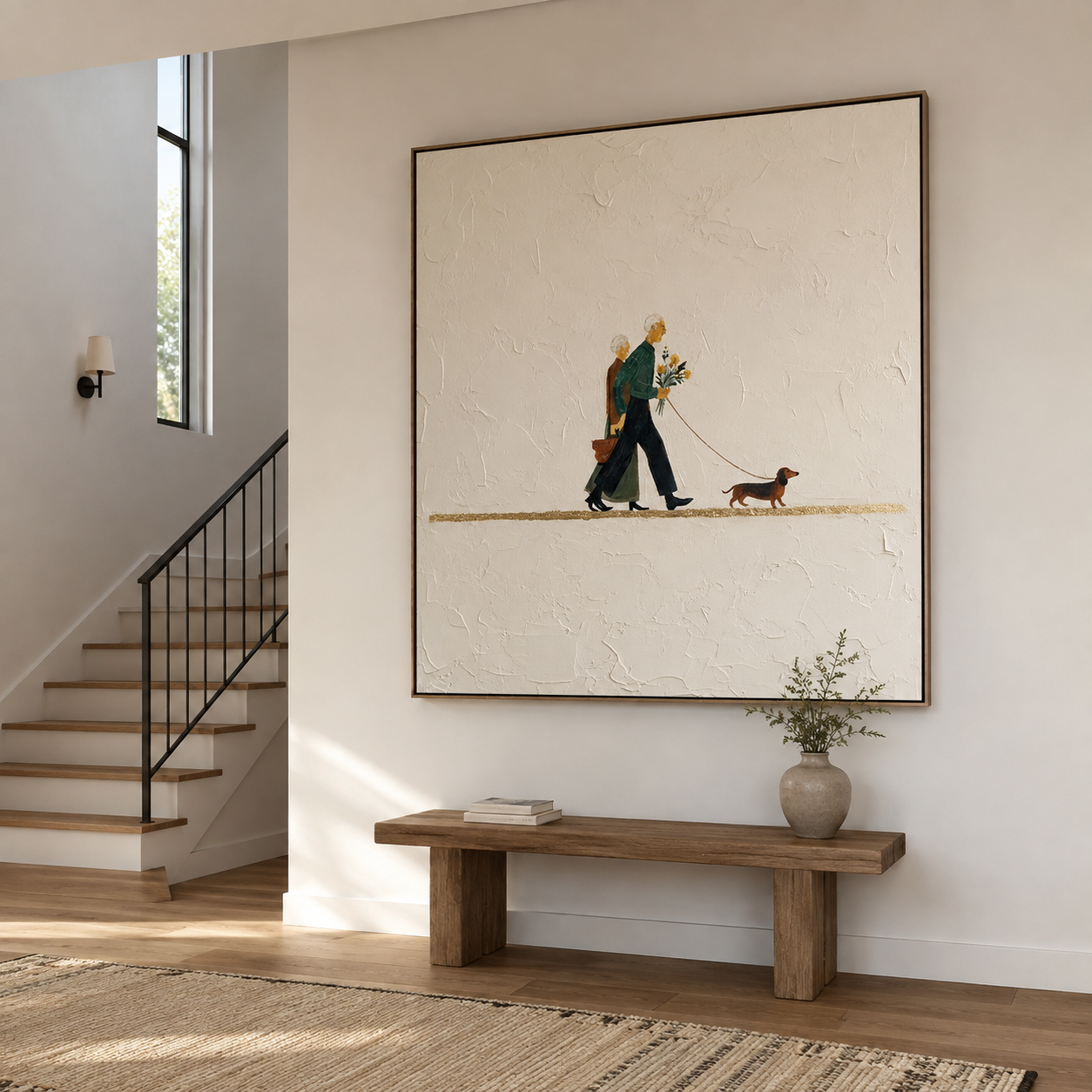 Eternal Companions - Cream Textured Elderly Couple with Dachshund Painting
