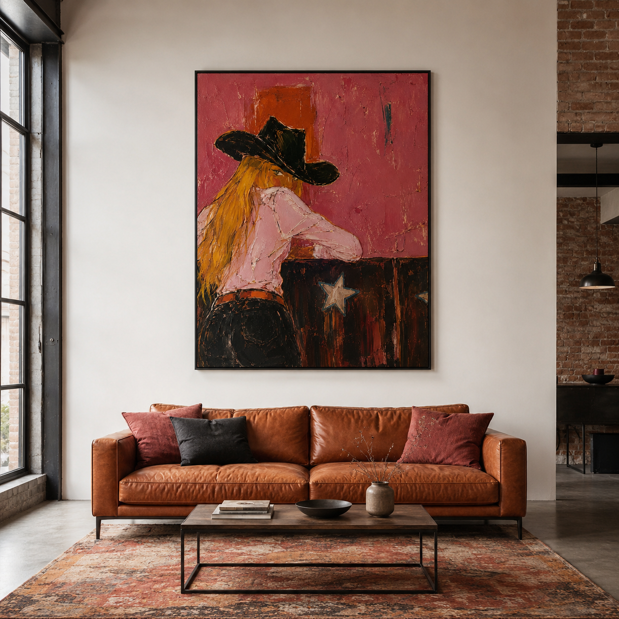 Wild Rose - Pink & Black Hat Cowgirl Backview Painting