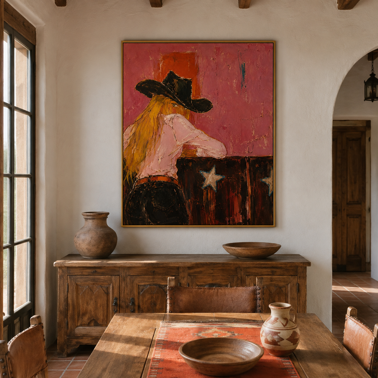 Wild Rose - Pink & Black Hat Cowgirl Backview Painting