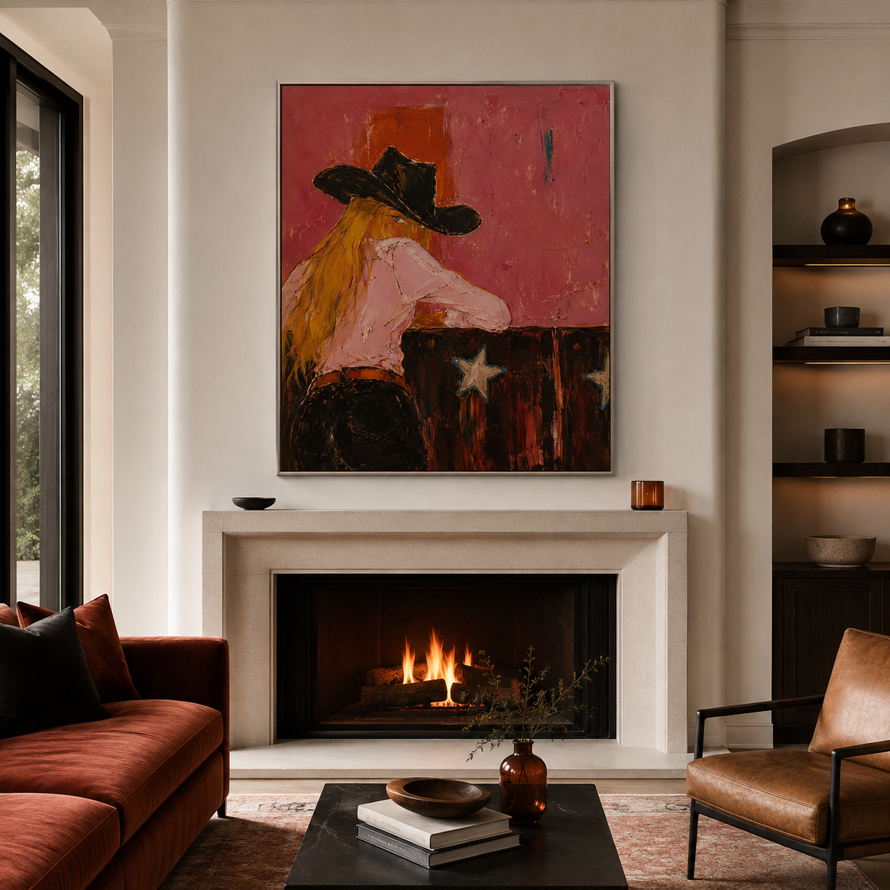 Wild Rose - Pink & Black Hat Cowgirl Backview Painting