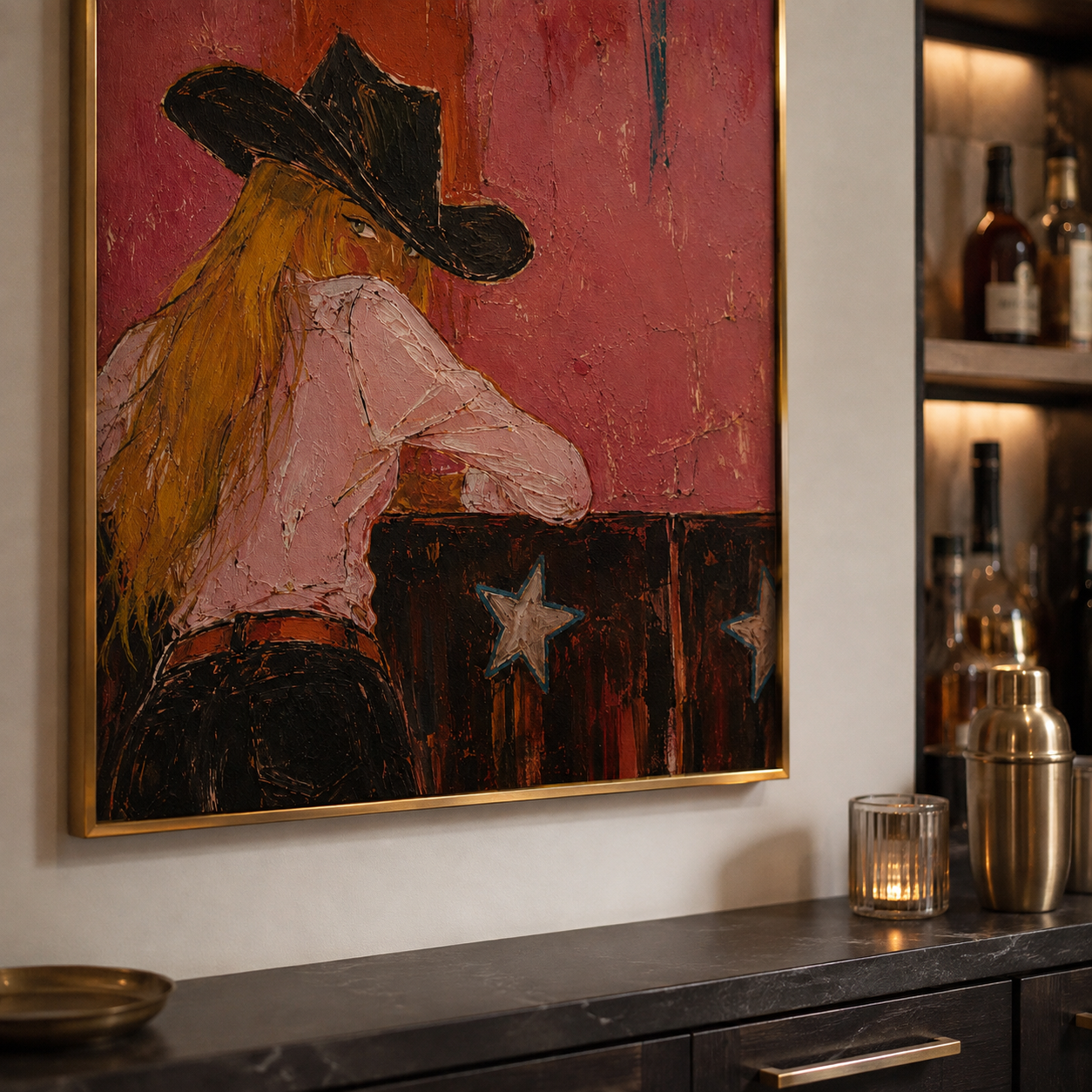Wild Rose - Pink & Black Hat Cowgirl Backview Painting