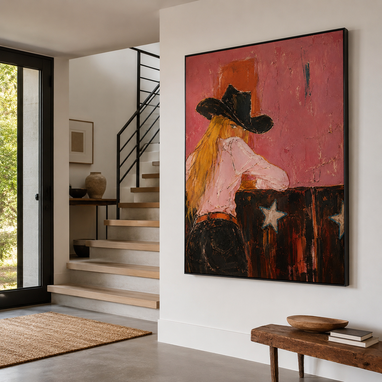 Wild Rose - Pink & Black Hat Cowgirl Backview Painting