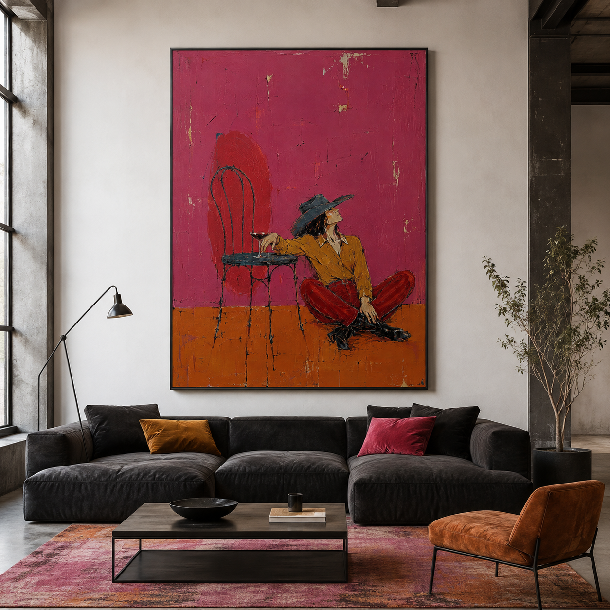 Desert Lounge - Magenta & Rust Red Seated Cowgirl Painting