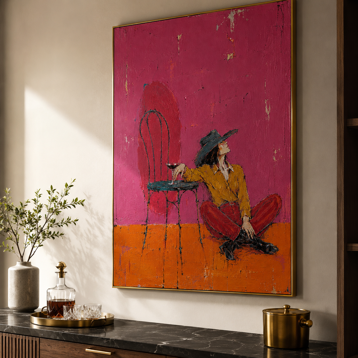 Desert Lounge - Magenta & Rust Red Seated Cowgirl Painting
