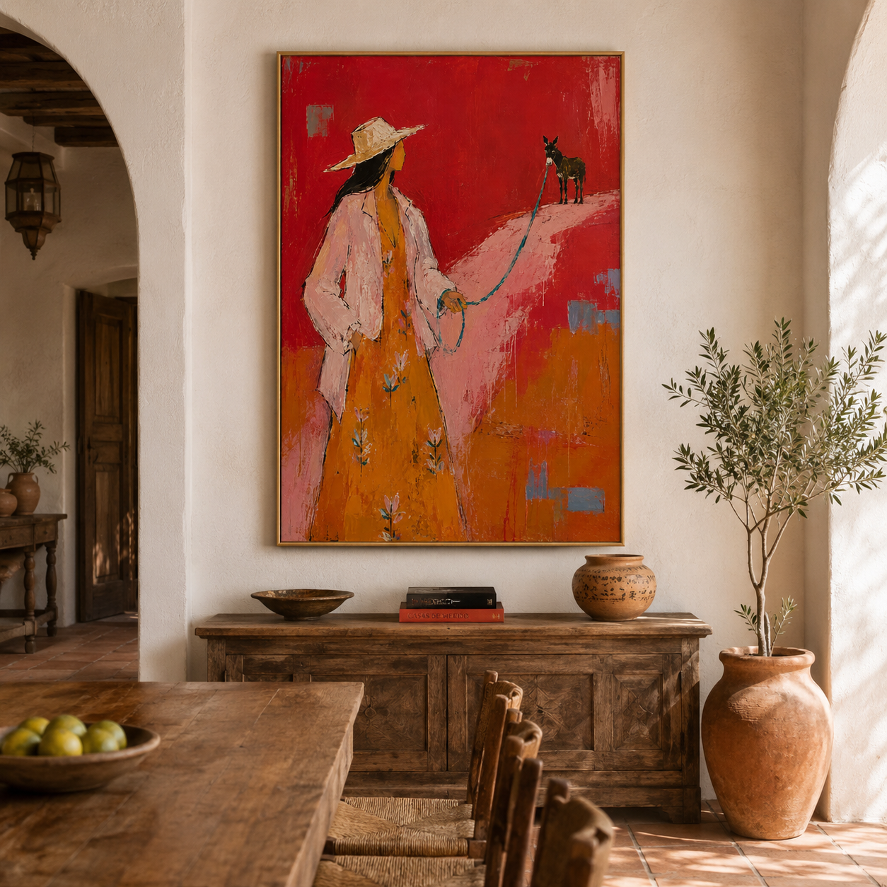 Crimson Journey - Red & Terracotta Lady with Donkey Painting