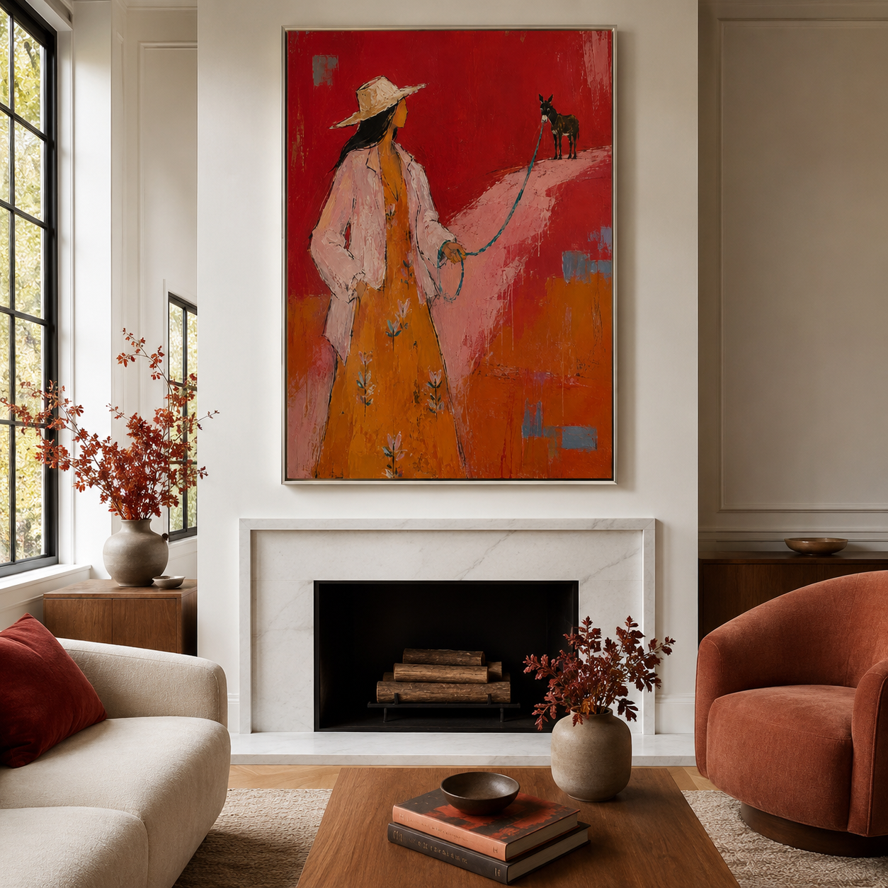 Crimson Journey - Red & Terracotta Lady with Donkey Painting