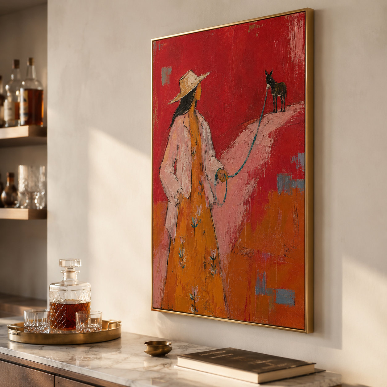 Crimson Journey - Red & Terracotta Lady with Donkey Painting