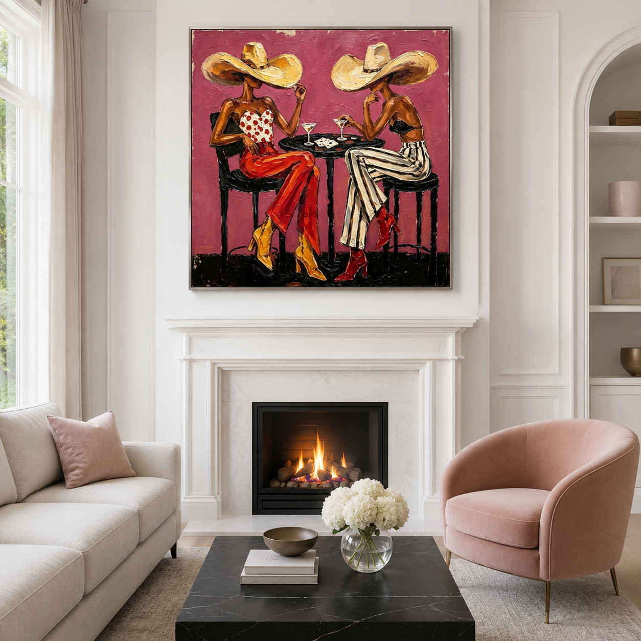 High Stakes Soirée - Magenta & Red Trousers Poker Ladies Painting