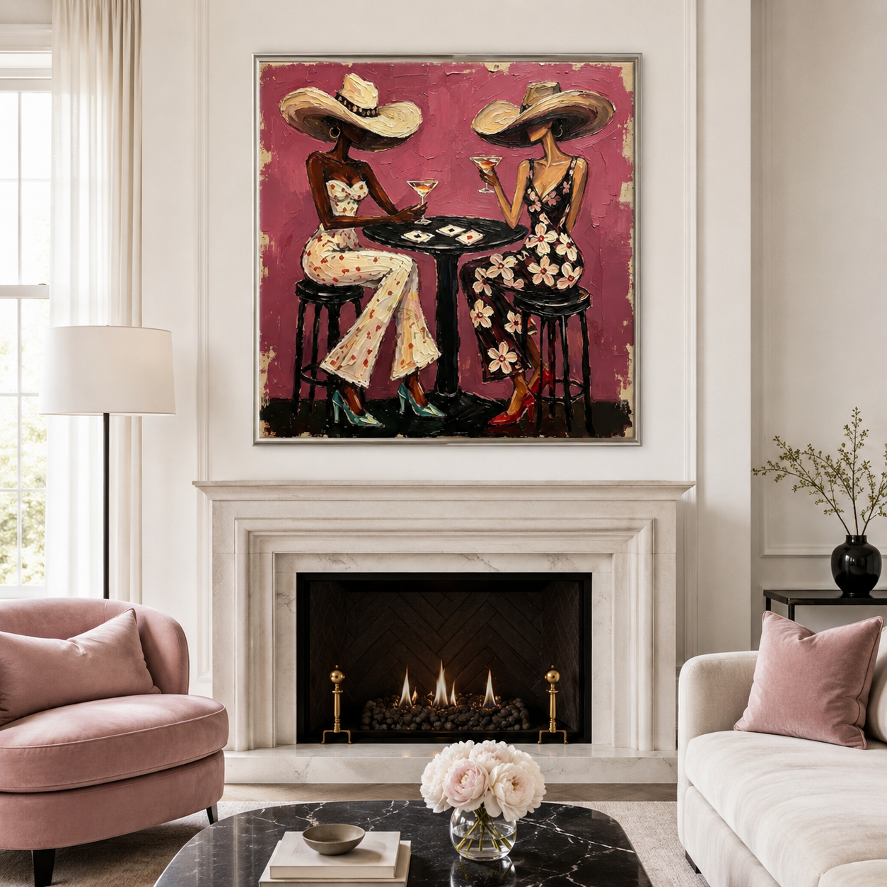 Midnight Soirée - Magenta & Floral Lounge Ladies Oil Painting
