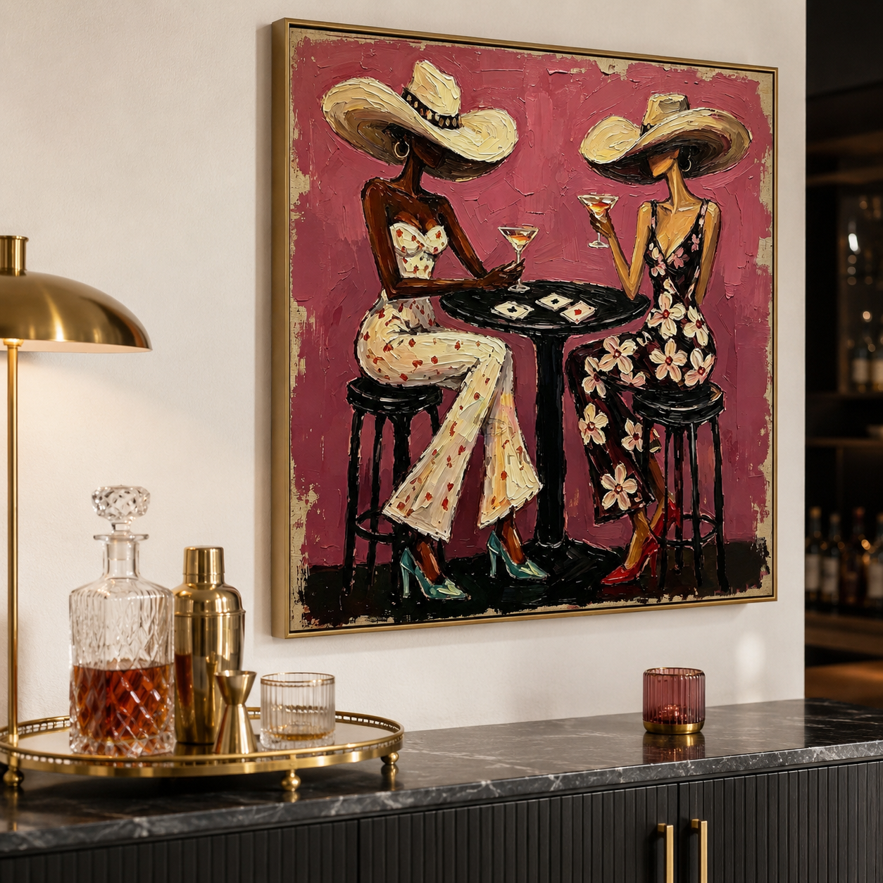 Midnight Soirée - Magenta & Floral Lounge Ladies Oil Painting