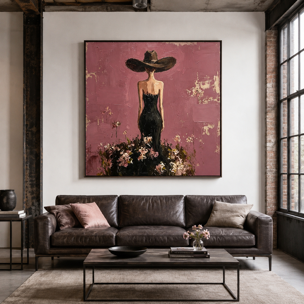 Velvet Reverie - Mauve Pink & Black Gown Lady in Wide-Brim Hat Painting