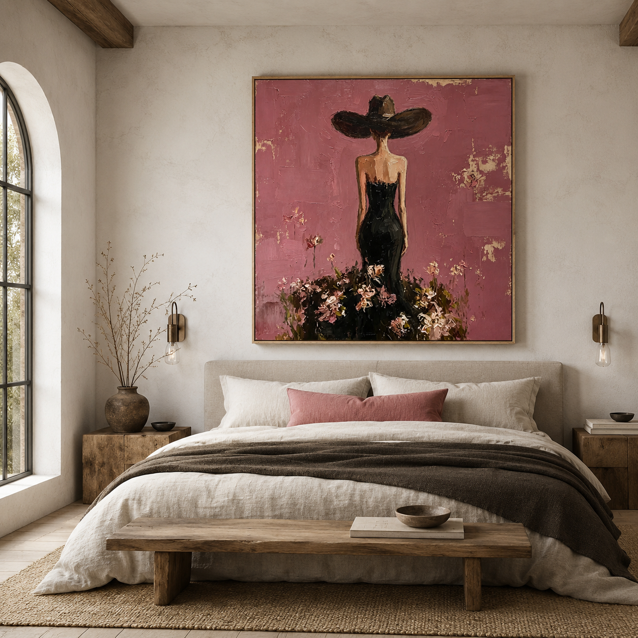 Velvet Reverie - Mauve Pink & Black Gown Lady in Wide-Brim Hat Painting