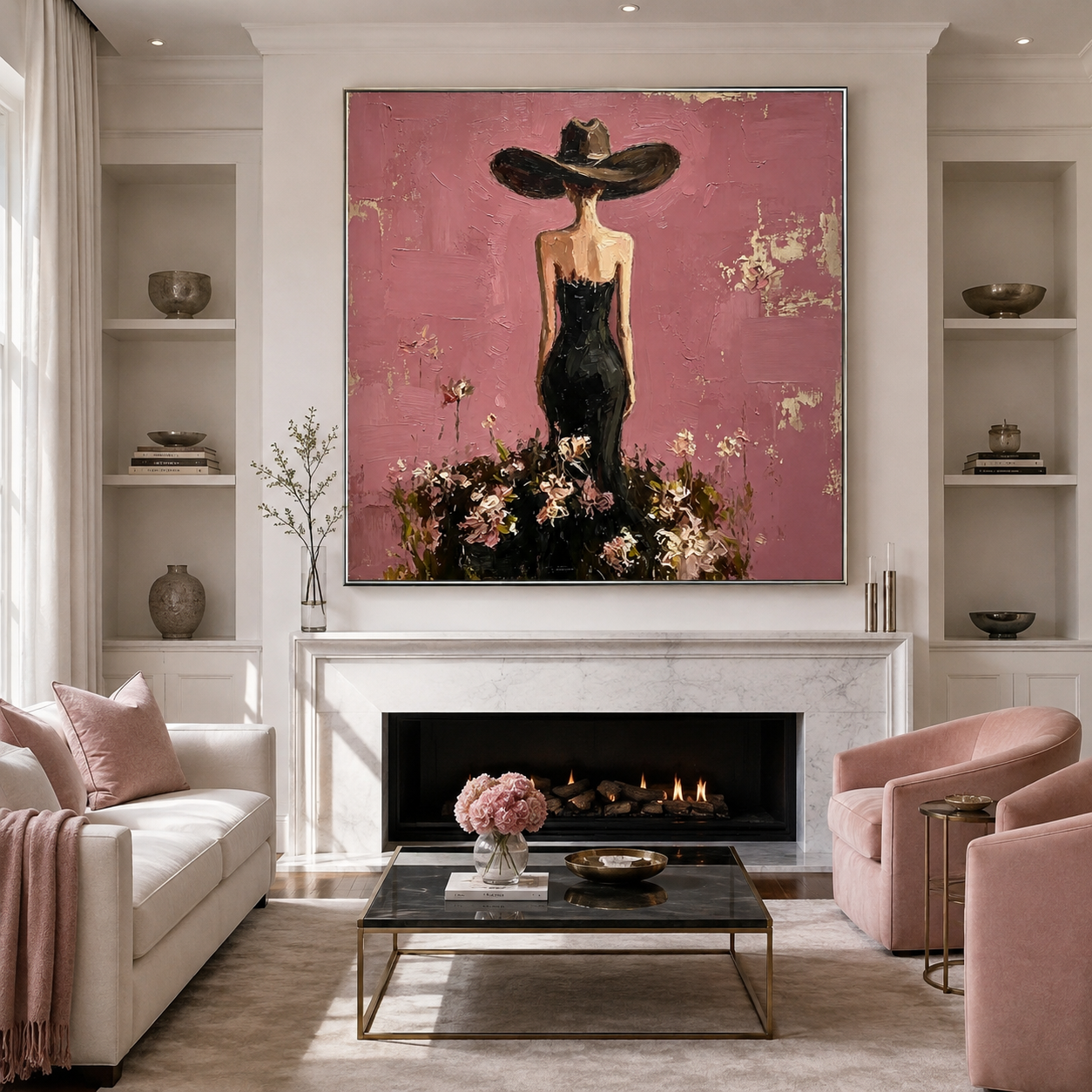 Velvet Reverie - Mauve Pink & Black Gown Lady in Wide-Brim Hat Painting