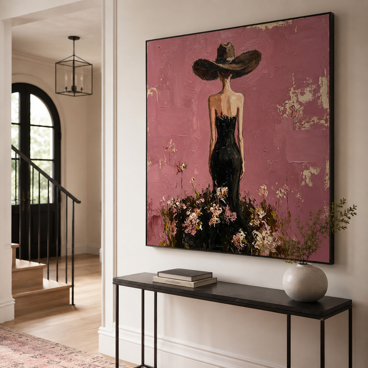 Velvet Reverie - Mauve Pink & Black Gown Lady in Wide-Brim Hat Painting