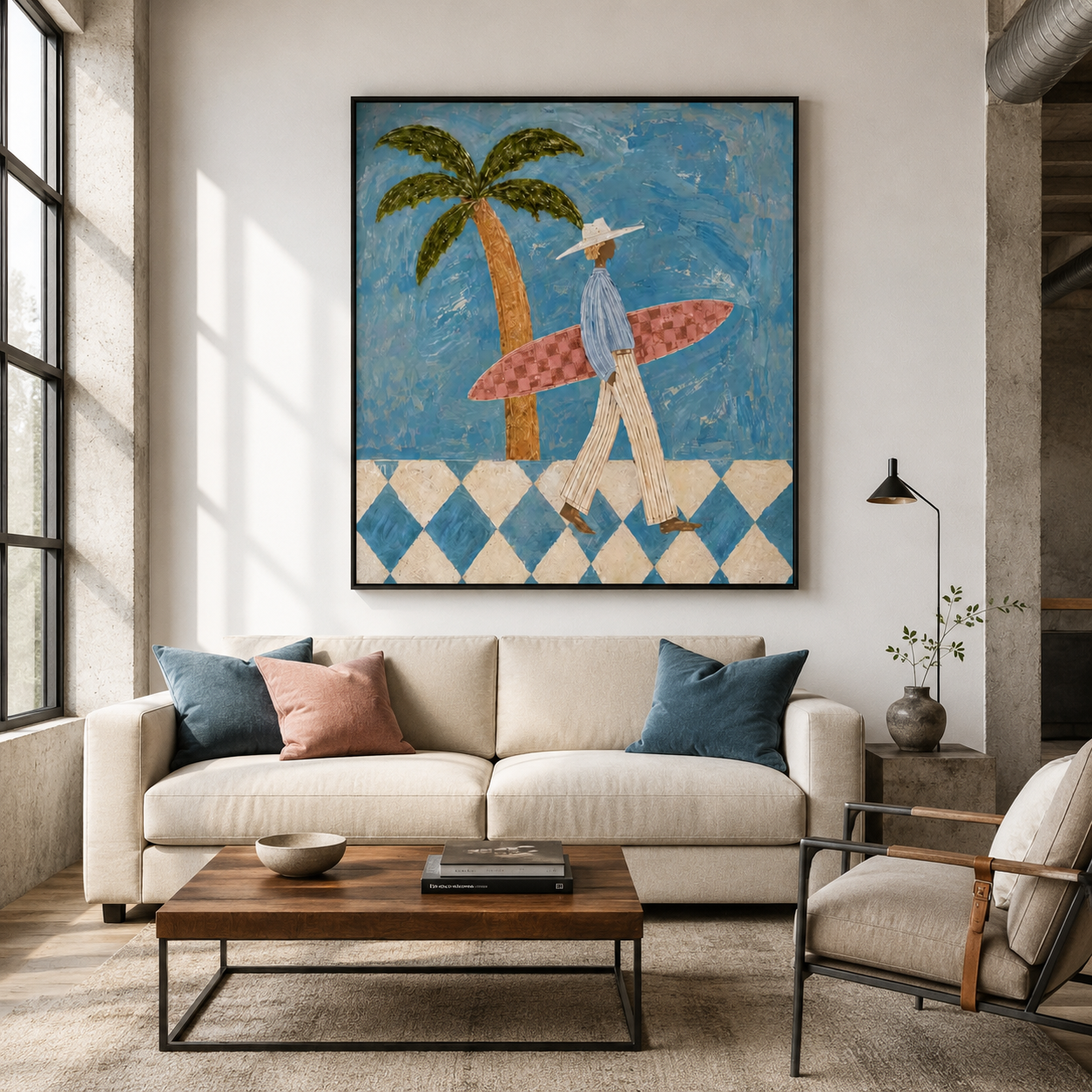 Ocean Wanderer - Blue Checkerboard & Palm Surfer Canvas Painting