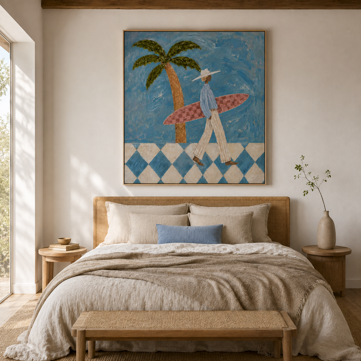 Ocean Wanderer - Blue Checkerboard & Palm Surfer Canvas Painting