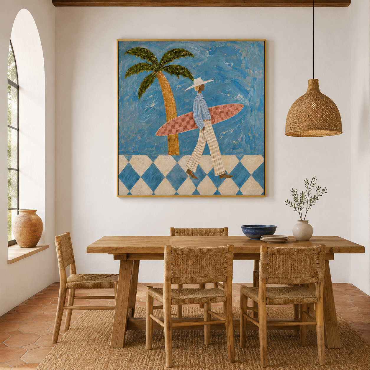 Ocean Wanderer - Blue Checkerboard & Palm Surfer Canvas Painting