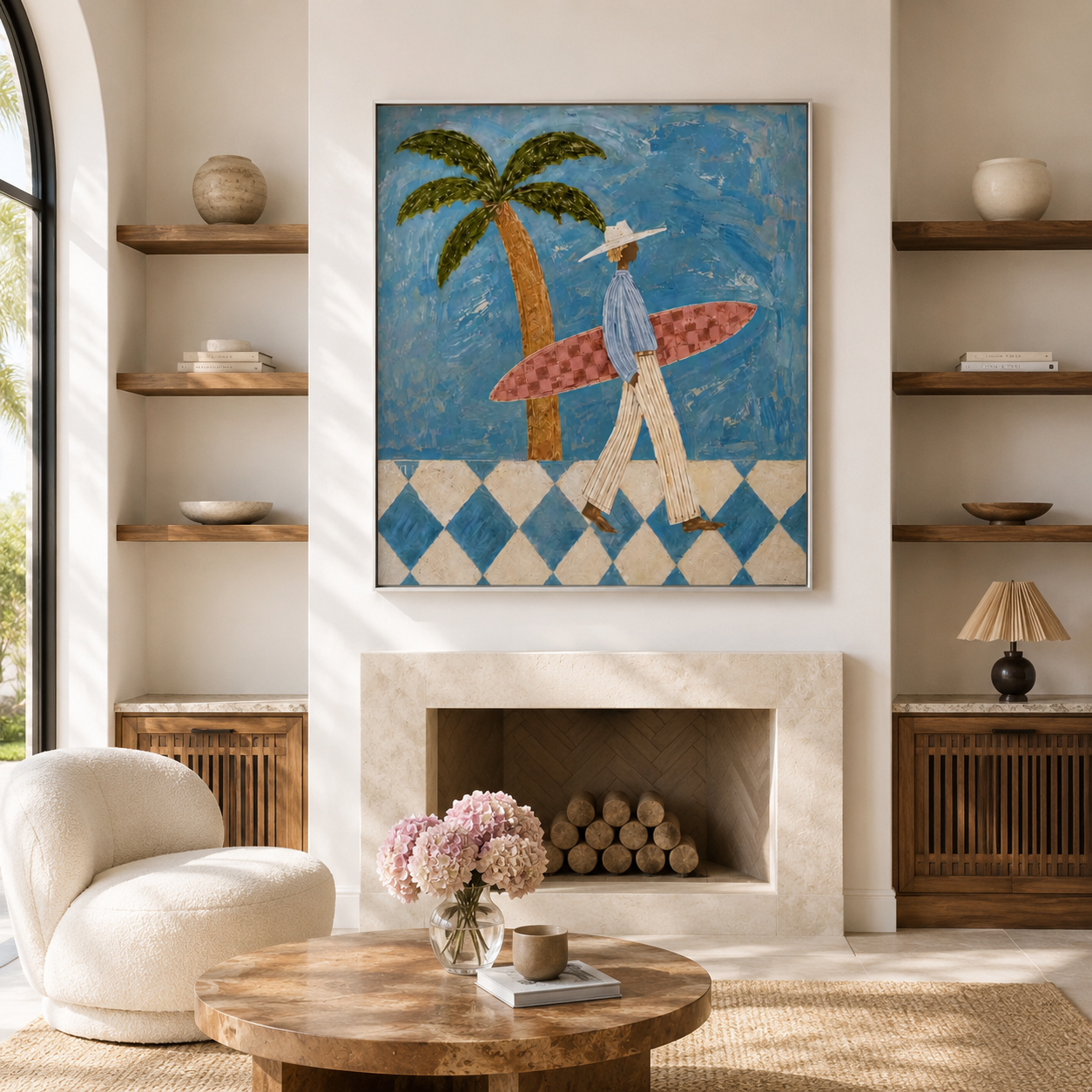 Ocean Wanderer - Blue Checkerboard & Palm Surfer Canvas Painting