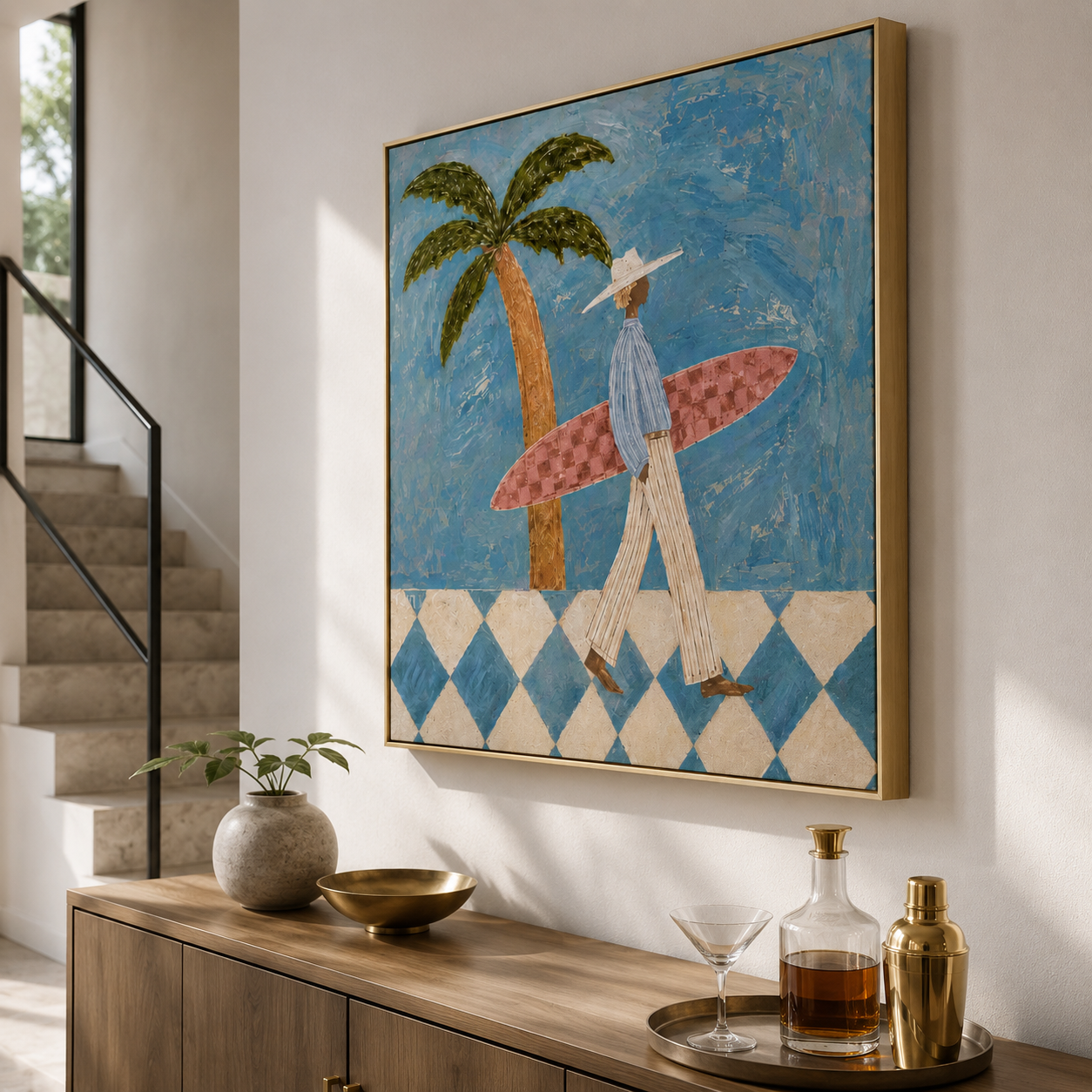 Ocean Wanderer - Blue Checkerboard & Palm Surfer Canvas Painting