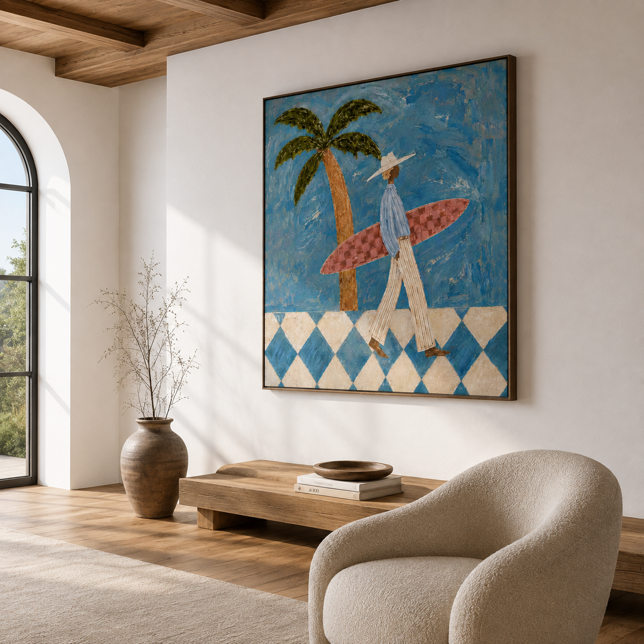 Ocean Wanderer - Blue Checkerboard & Palm Surfer Canvas Painting