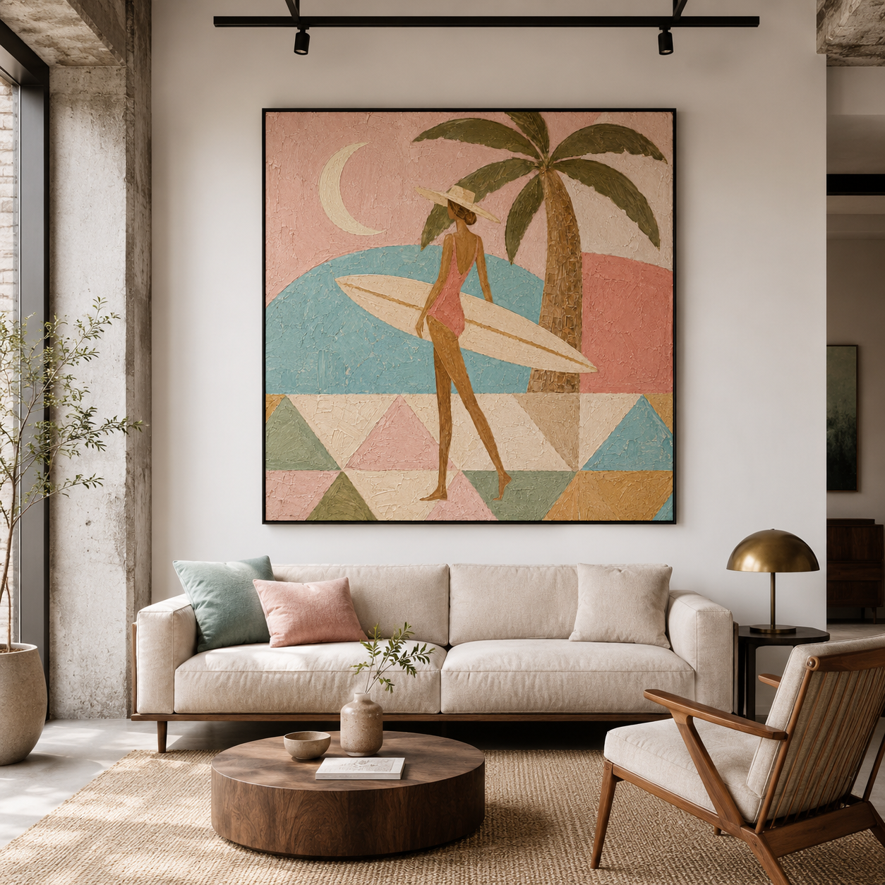 Coastal Chic - Retro Pink & Sage Surfer Woman Oil Painting