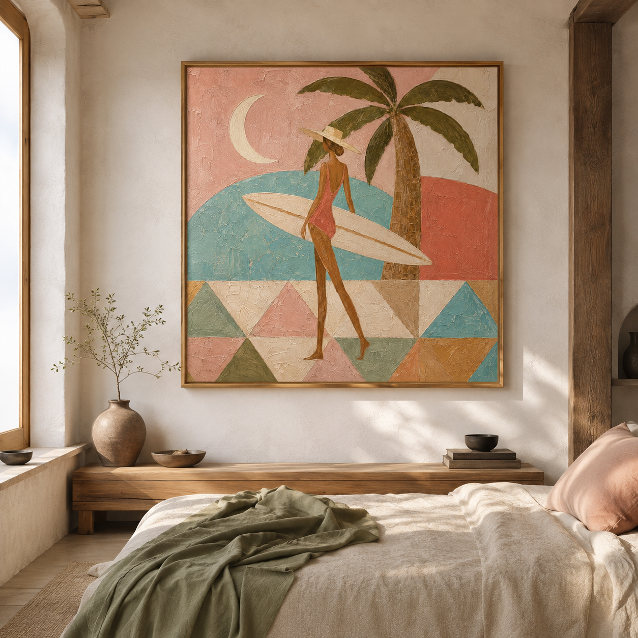 Coastal Chic - Retro Pink & Sage Surfer Woman Oil Painting