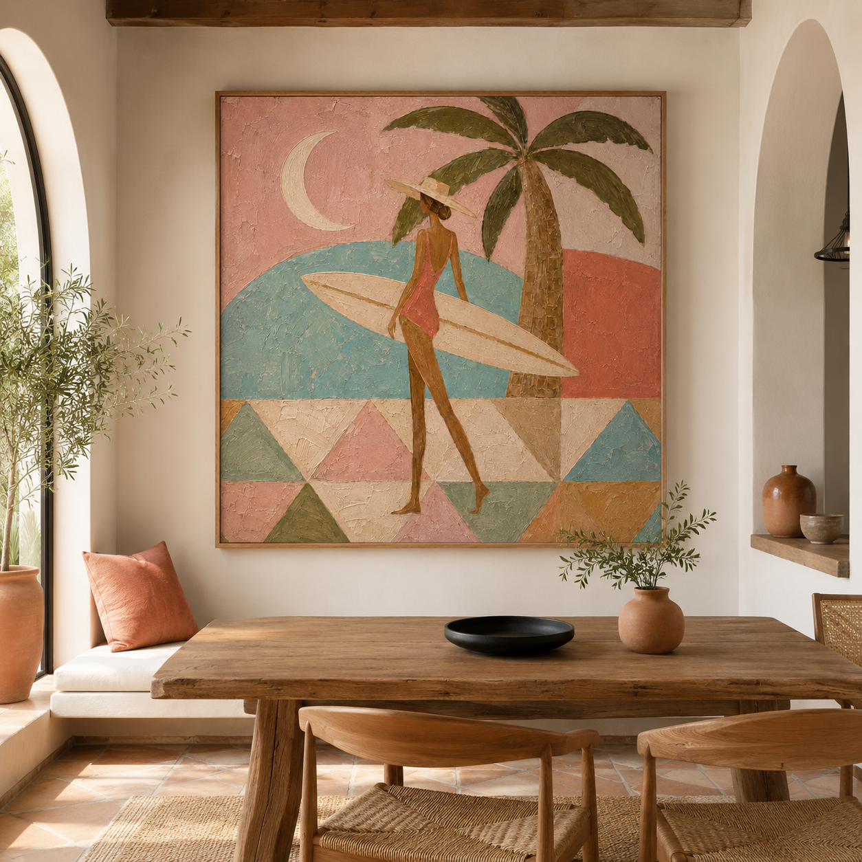 Coastal Chic - Retro Pink & Sage Surfer Woman Oil Painting