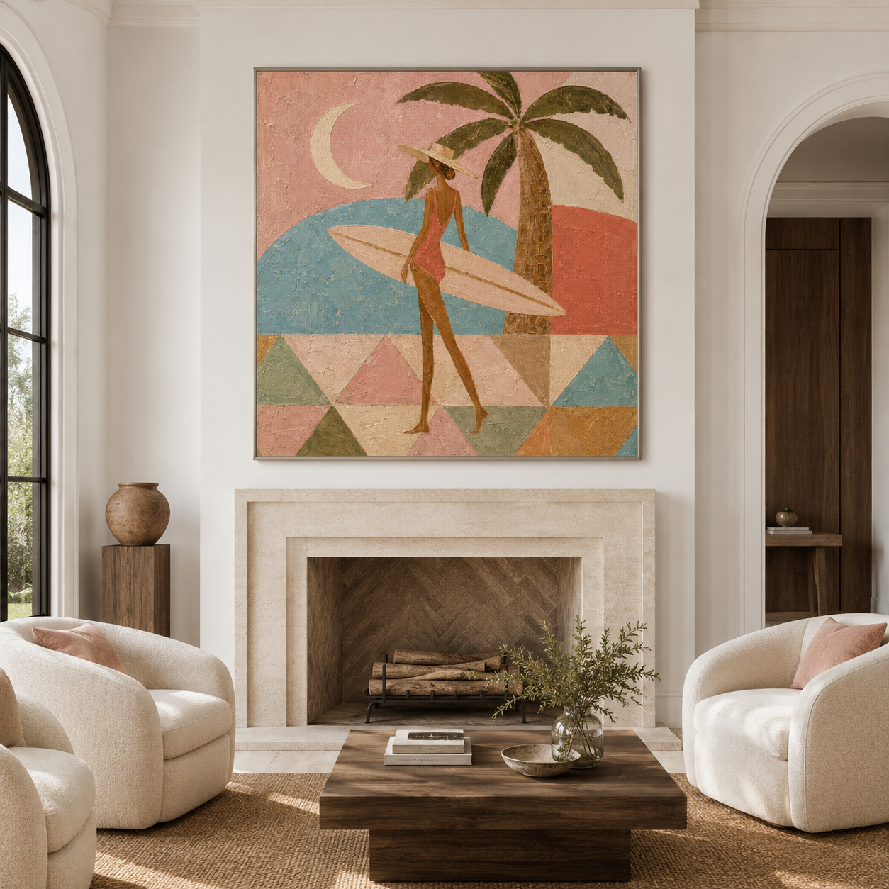 Coastal Chic - Retro Pink & Sage Surfer Woman Oil Painting