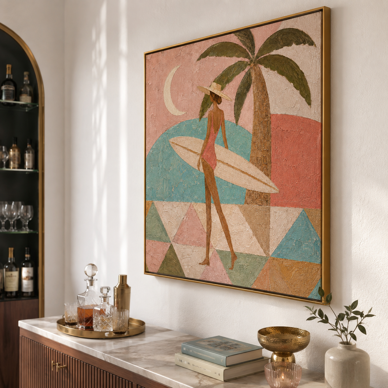 Coastal Chic - Retro Pink & Sage Surfer Woman Oil Painting