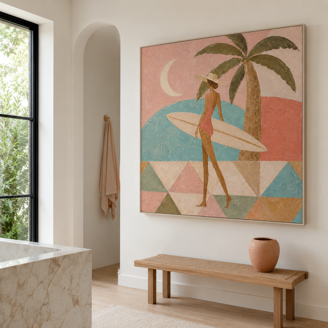 Coastal Chic - Retro Pink & Sage Surfer Woman Oil Painting