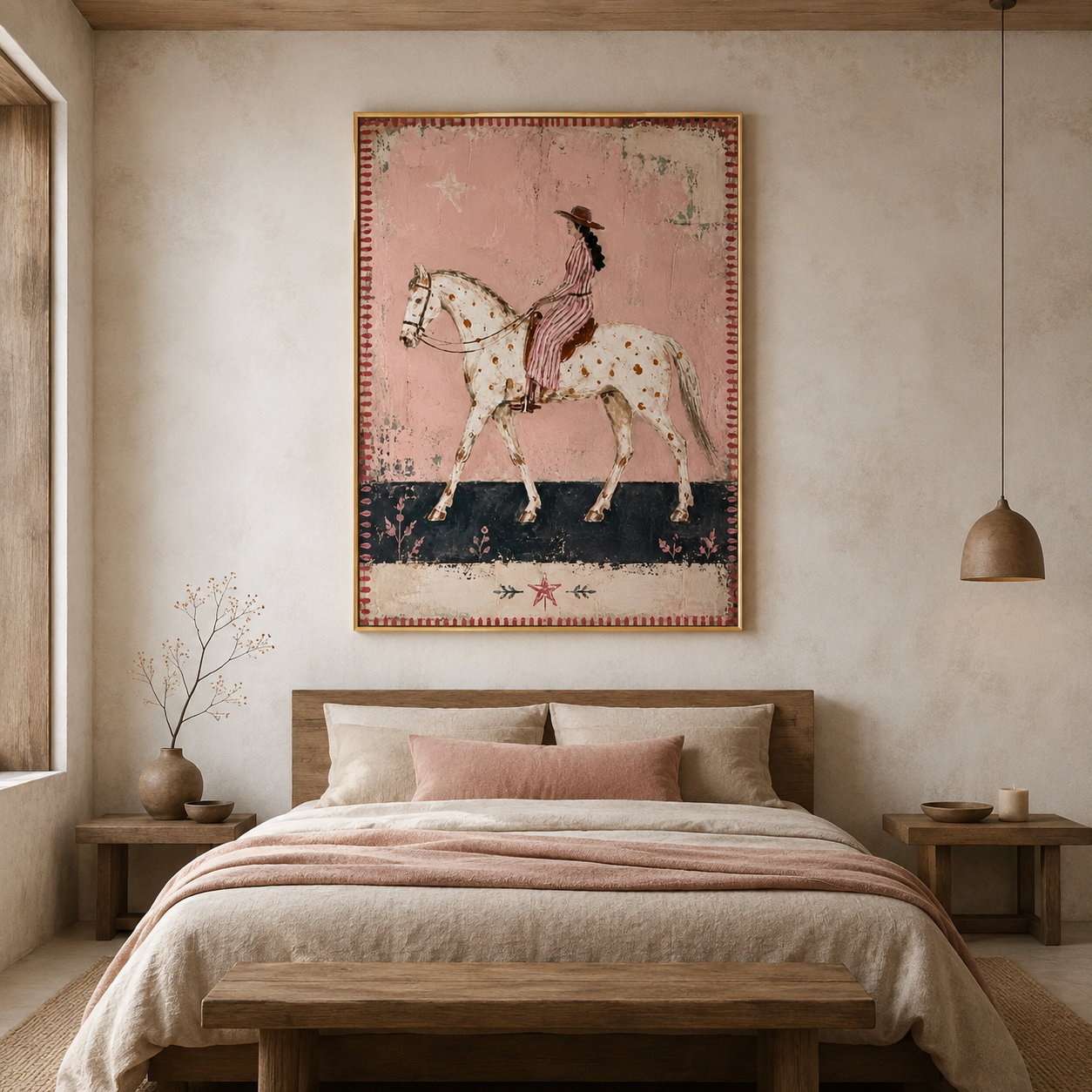 Pink Horizon - Vintage Folk Art Spotted Horse & Rider Canvas