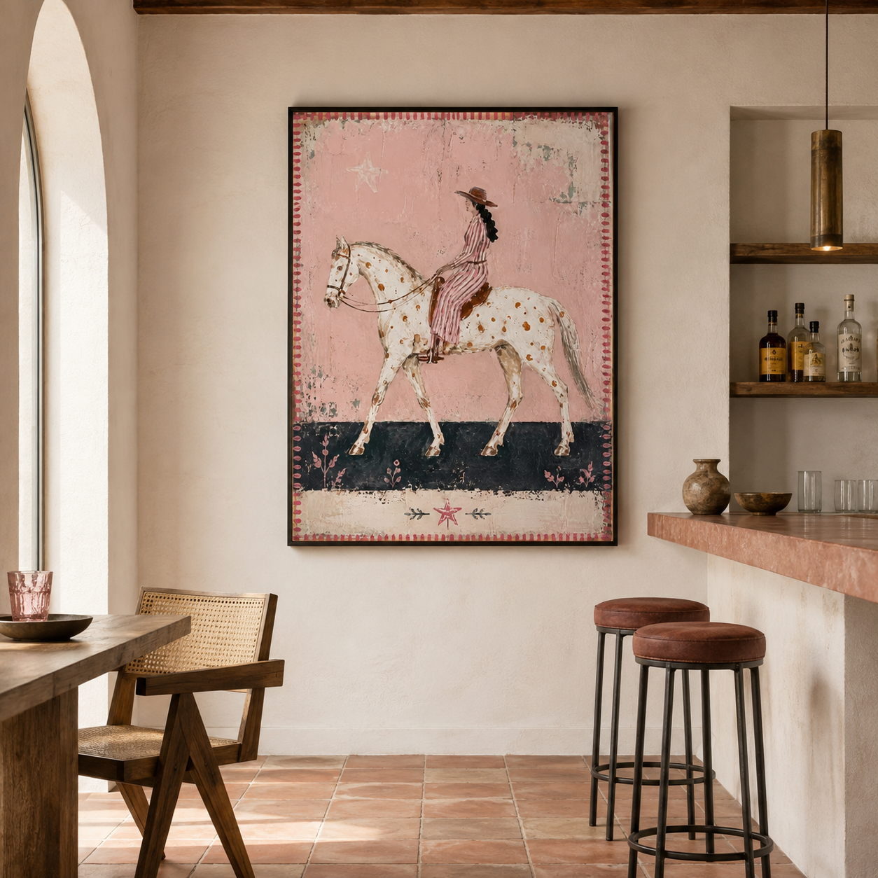 Pink Horizon - Vintage Folk Art Spotted Horse & Rider Canvas
