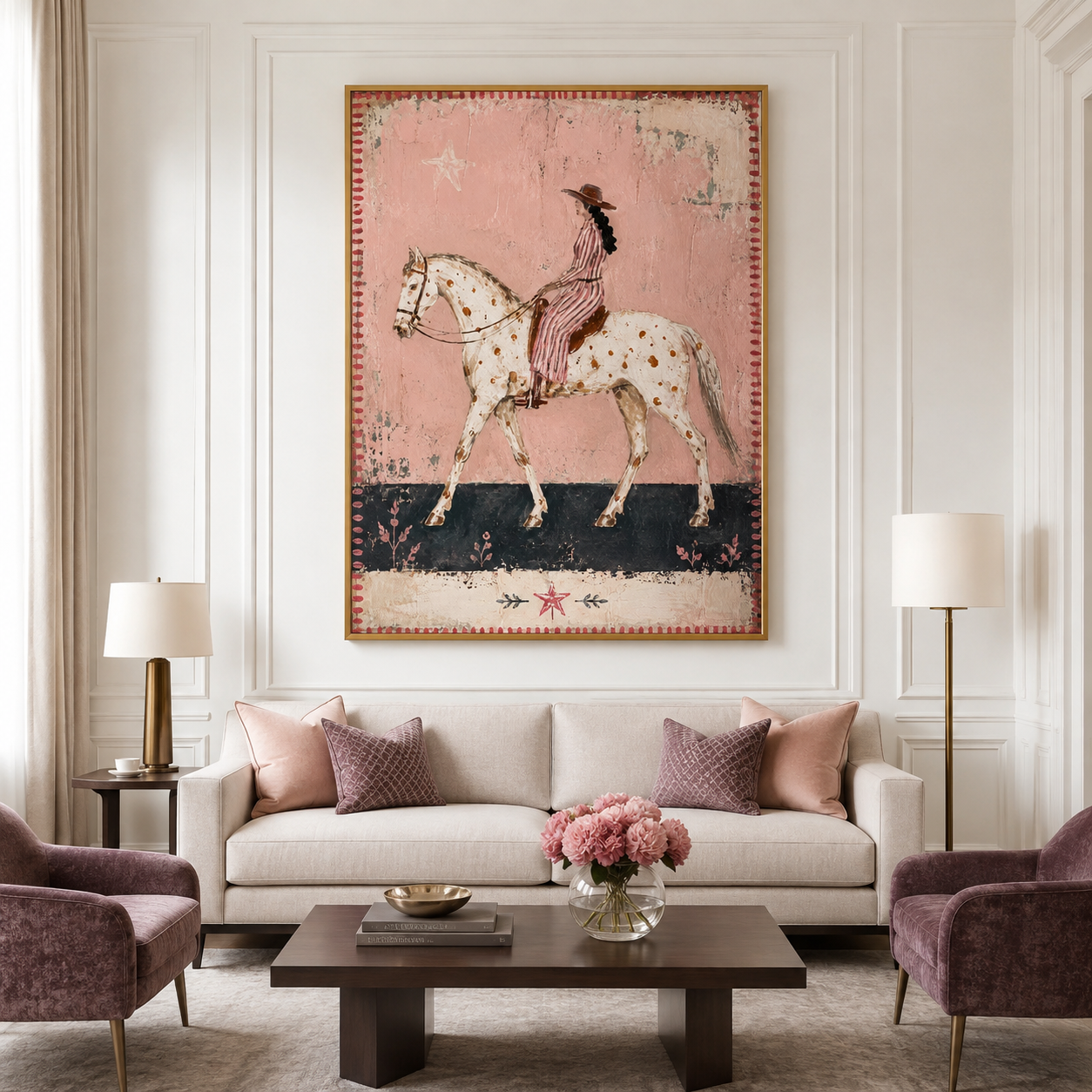 Pink Horizon - Vintage Folk Art Spotted Horse & Rider Canvas