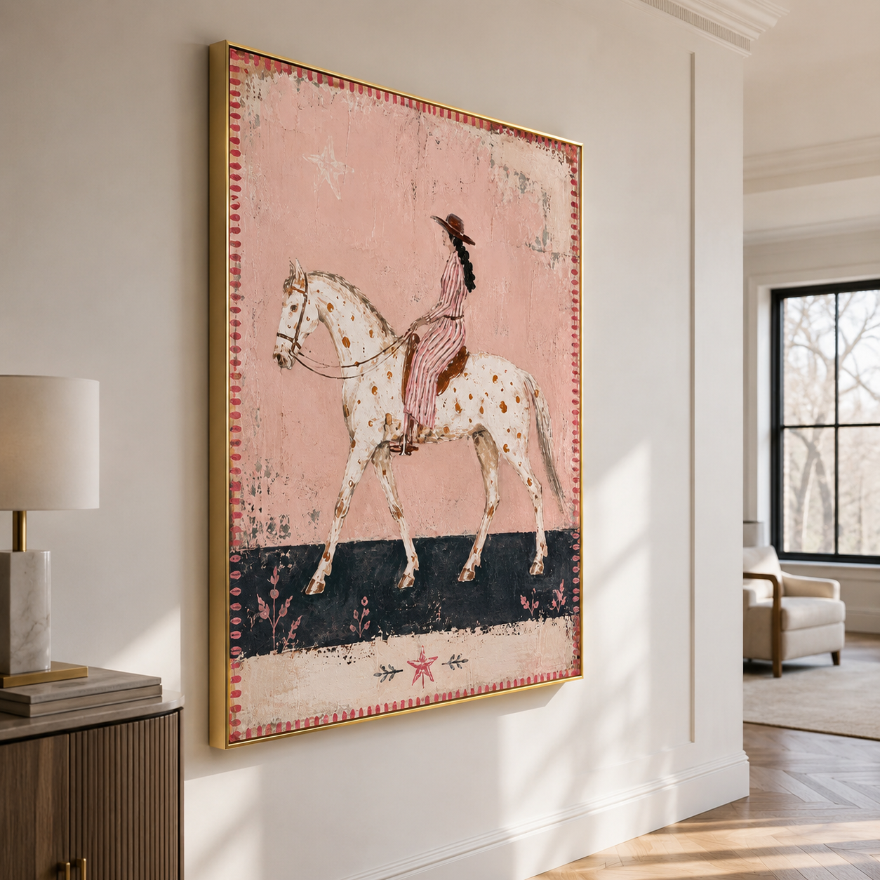 Pink Horizon - Vintage Folk Art Spotted Horse & Rider Canvas
