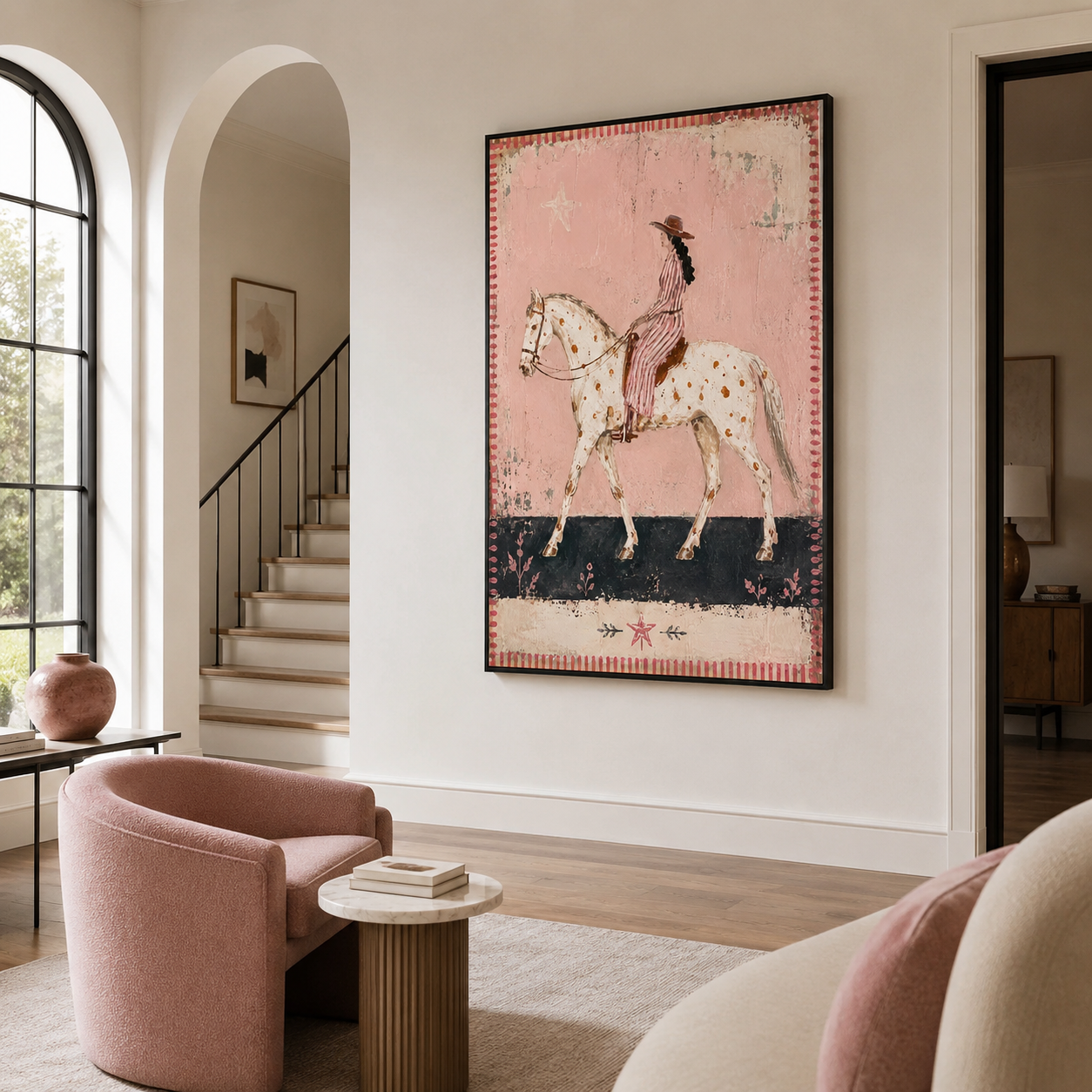 Pink Horizon - Vintage Folk Art Spotted Horse & Rider Canvas